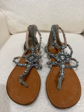 Women's Silver Jeweled T-Strap Sandals